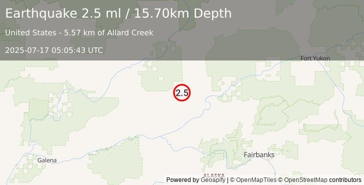 Earthquake 65 km NW of Rampart, Alaska (2.5 ml) (2025-07-17 05:05:43 UTC)