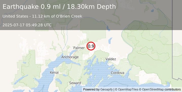 Earthquake 25 km ESE of Chickaloon, Alaska (0.9 ml) (2025-07-17 05:49:28 UTC)