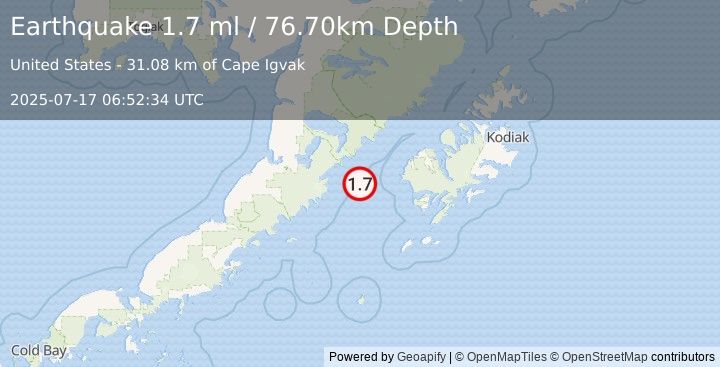 Earthquake 80 km WSW of Karluk, Alaska (1.7 ml) (2025-07-17 06:52:34 UTC)