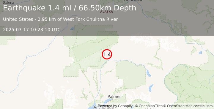 Earthquake 52 km SW of Cantwell, Alaska (1.4 ml) (2025-07-17 10:23:10 UTC)