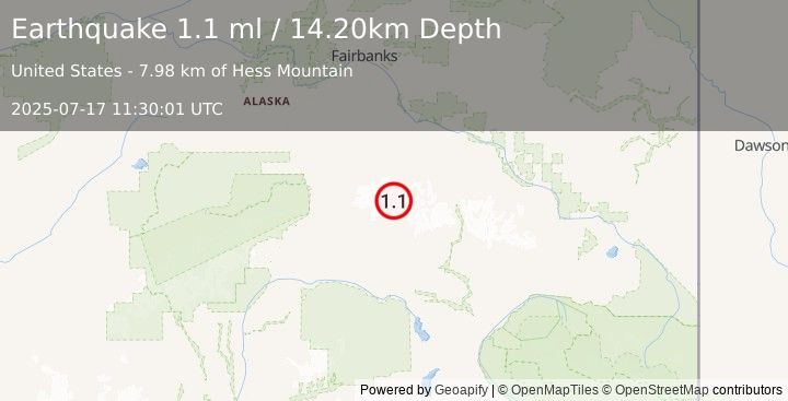 Earthquake 86 km SW of Delta Junction, Alaska (1.1 ml) (2025-07-17 11:30:01 UTC)