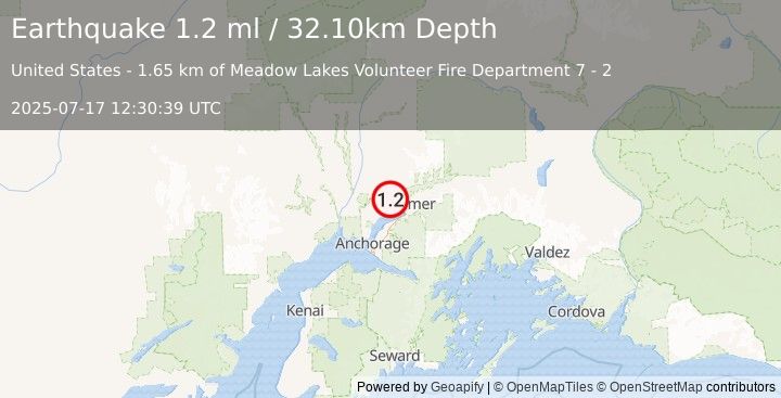 Earthquake 4 km ENE of Meadow Lakes, Alaska (1.2 ml) (2025-07-17 12:30:39 UTC)