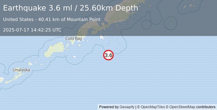 Earthquake 94 km SSE of Sand Point, Alaska (3.6 ml) (2025-07-17 14:42:25 UTC)