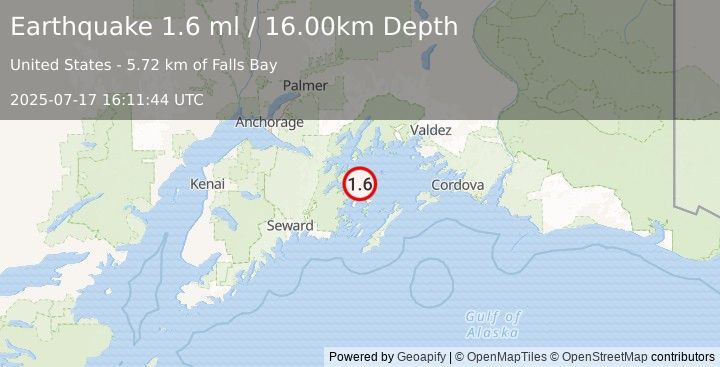 Earthquake 49 km ESE of Whittier, Alaska (1.6 ml) (2025-07-17 16:11:44 UTC)