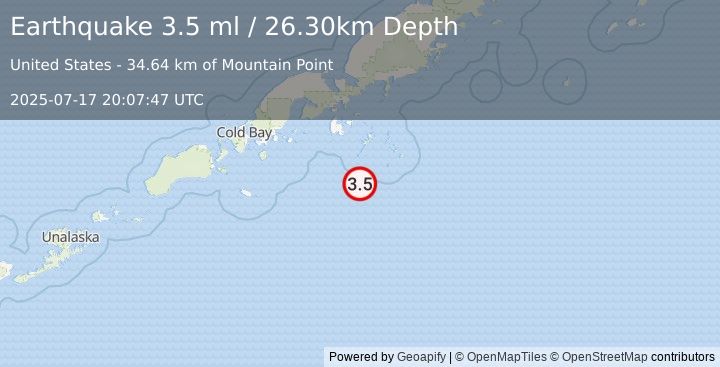 Earthquake 89 km SSE of Sand Point, Alaska (3.5 ml) (2025-07-17 20:07:47 UTC)