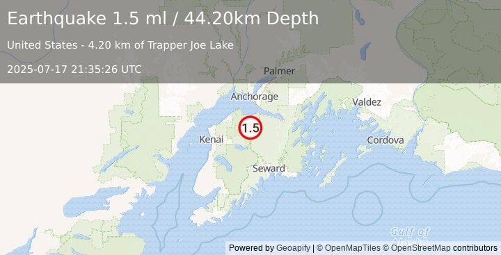 Earthquake 29 km SW of Hope, Alaska (1.5 ml) (2025-07-17 21:35:26 UTC)