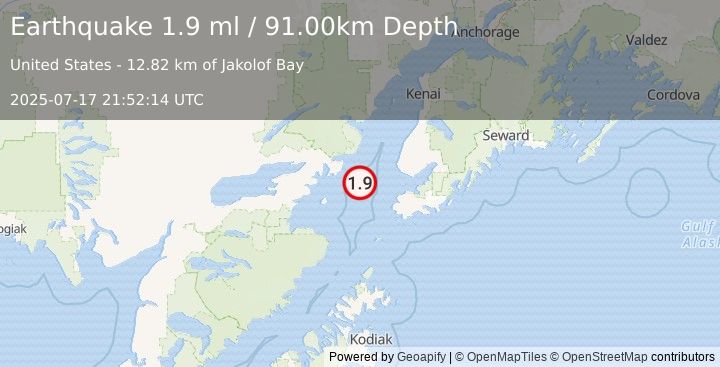 Earthquake 47 km WNW of Nanwalek, Alaska (1.9 ml) (2025-07-17 21:52:14 UTC)