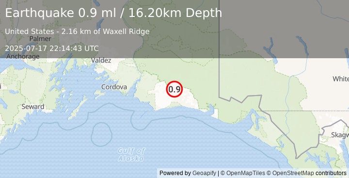 Earthquake 105 km S of McCarthy, Alaska (0.9 ml) (2025-07-17 22:14:43 UTC)