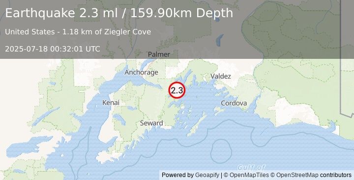 Earthquake 21 km ENE of Whittier, Alaska (2.3 ml) (2025-07-18 00:32:01 UTC)