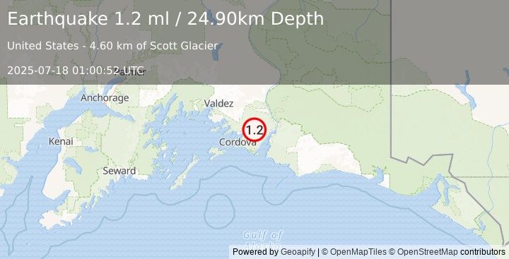 Earthquake 35 km NE of Cordova, Alaska (1.2 ml) (2025-07-18 01:00:52 UTC)