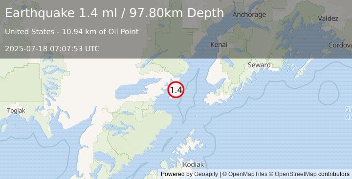Earthquake 58 km ESE of Pedro Bay, Alaska (1.4 ml) (2025-07-18 07:07:53 UTC)