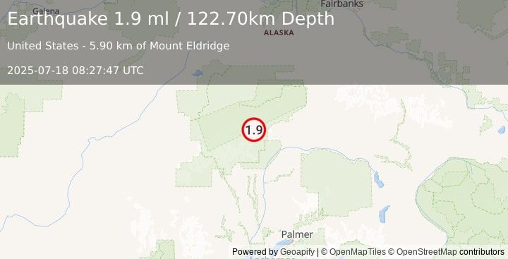 Earthquake 70 km NNE of Petersville, Alaska (1.9 ml) (2025-07-18 08:27:47 UTC)
