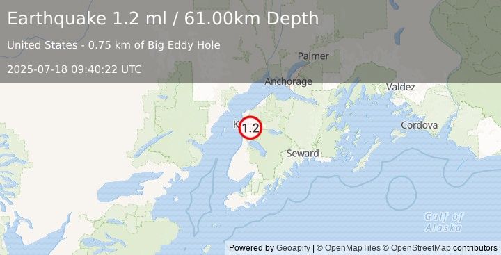 Earthquake 2 km NW of Soldotna, Alaska (1.2 ml) (2025-07-18 09:40:22 UTC)
