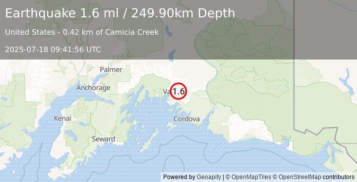 Earthquake 12 km E of Valdez, Alaska (1.6 ml) (2025-07-18 09:41:56 UTC)