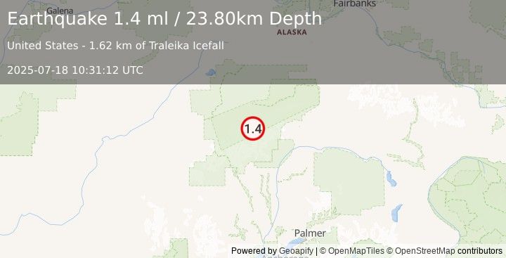 Earthquake 63 km SE of Denali National Park, Alaska (1.4 ml) (2025-07-18 10:31:12 UTC)