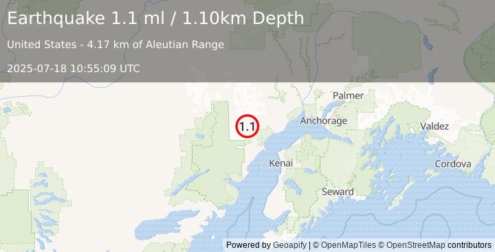 Earthquake 64 km W of Tyonek, Alaska (1.1 ml) (2025-07-18 10:55:09 UTC)