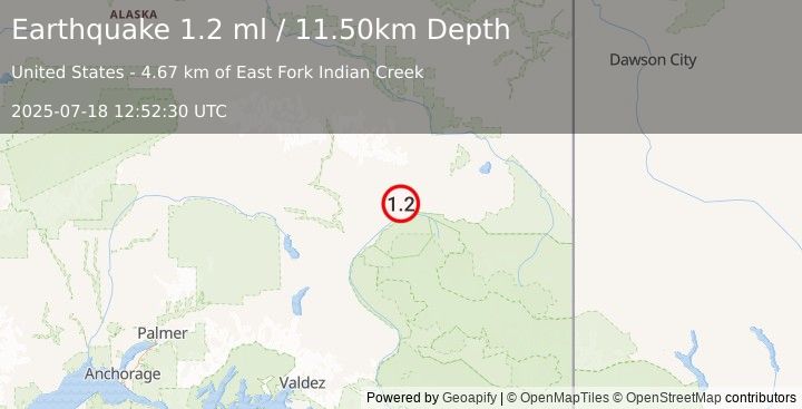 Earthquake 23 km WNW of Slana, Alaska (1.2 ml) (2025-07-18 12:52:30 UTC)