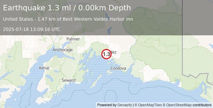 Earthquake 17 km WSW of Valdez, Alaska (1.3 ml) (2025-07-18 13:09:16 UTC)