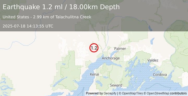 Earthquake 41 km S of Skwentna, Alaska (1.2 ml) (2025-07-18 14:13:55 UTC)