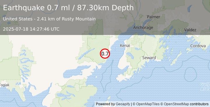 Earthquake 65 km WNW of Ninilchik, Alaska (0.7 ml) (2025-07-18 14:27:46 UTC)