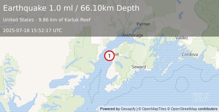 Earthquake 16 km WNW of Kalifornsky, Alaska (1.0 ml) (2025-07-18 15:52:17 UTC)