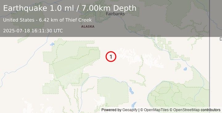 Earthquake 47 km ENE of Cantwell, Alaska (1.0 ml) (2025-07-18 16:11:30 UTC)