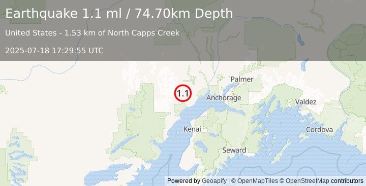 Earthquake 36 km WNW of Beluga, Alaska (1.1 ml) (2025-07-18 17:29:55 UTC)