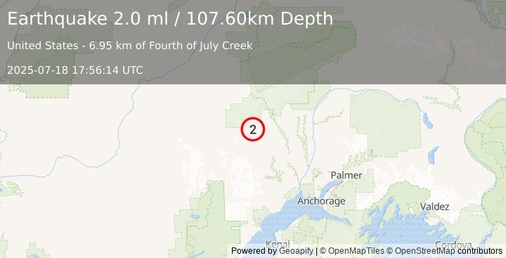 Earthquake 45 km NW of Skwentna, Alaska (2.0 ml) (2025-07-18 17:56:14 UTC)