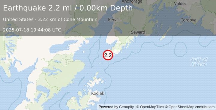 Earthquake 15 km SE of Port Graham, Alaska (2.2 ml) (2025-07-18 19:44:08 UTC)