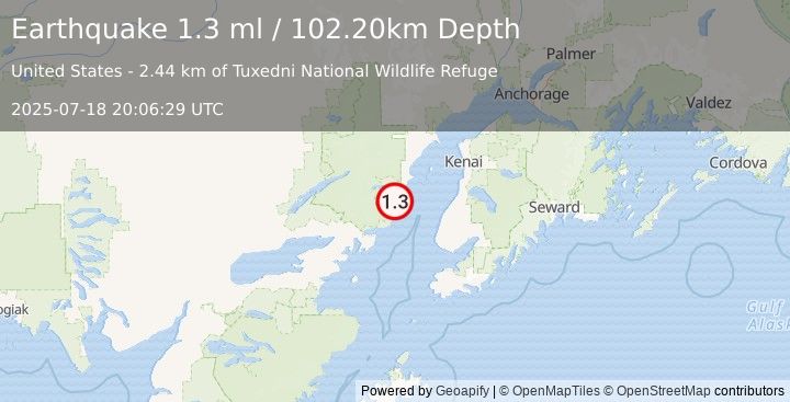 Earthquake 54 km WNW of Ninilchik, Alaska (1.3 ml) (2025-07-18 20:06:29 UTC)