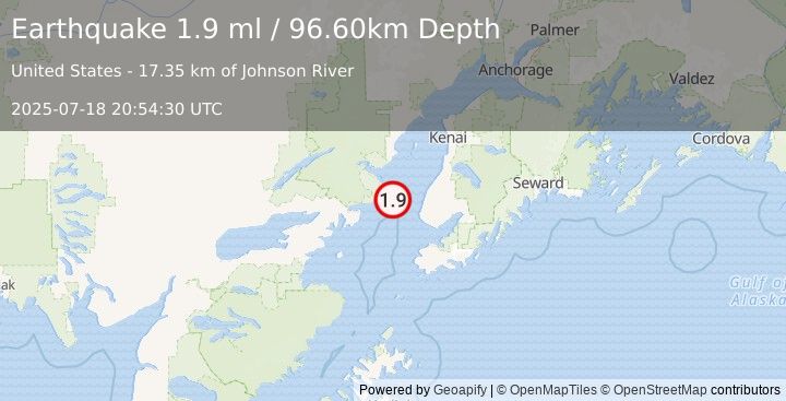 Earthquake 33 km WNW of Anchor Point, Alaska (1.9 ml) (2025-07-18 20:54:30 UTC)