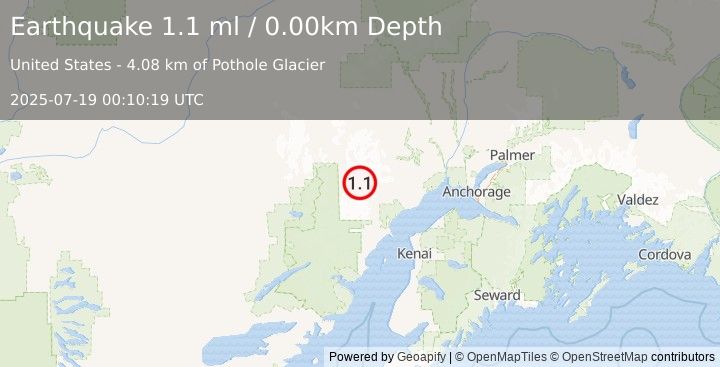 Earthquake 75 km WNW of Tyonek, Alaska (1.1 ml) (2025-07-19 00:10:19 UTC)