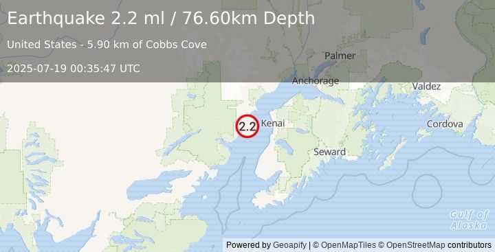 Earthquake 42 km WSW of Salamatof, Alaska (2.2 ml) (2025-07-19 00:35:47 UTC)