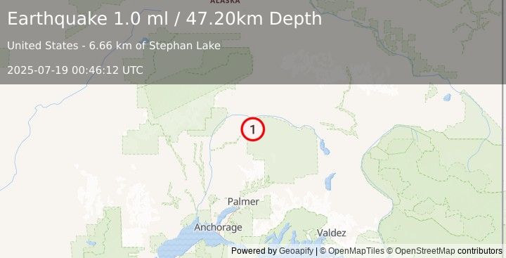 Earthquake 70 km ENE of Chase, Alaska (1.0 ml) (2025-07-19 00:46:12 UTC)