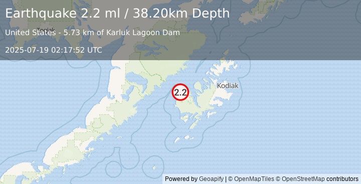 Earthquake 7 km N of Karluk, Alaska (2.2 ml) (2025-07-19 02:17:52 UTC)