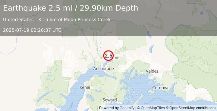 Earthquake 6 km NE of Meadow Lakes, Alaska (2.5 ml) (2025-07-19 02:26:37 UTC)
