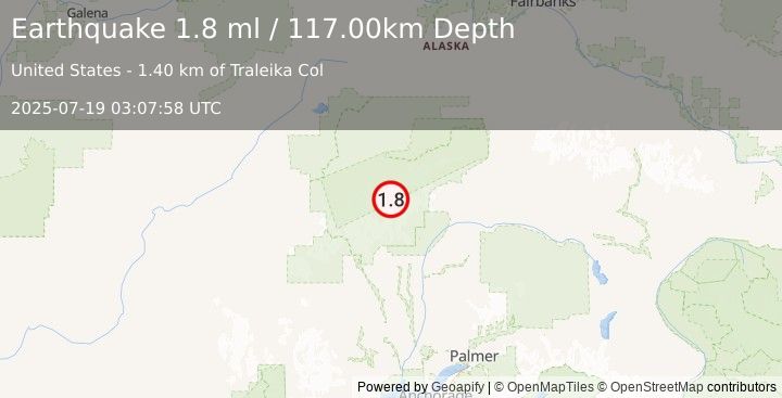 Earthquake 64 km N of Petersville, Alaska (1.8 ml) (2025-07-19 03:07:58 UTC)