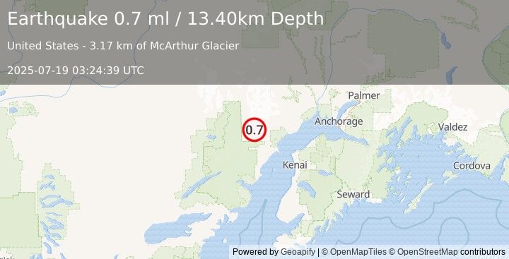 Earthquake 74 km W of Tyonek, Alaska (0.7 ml) (2025-07-19 03:24:39 UTC)