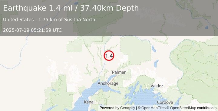 Earthquake 1 km ENE of Susitna North, Alaska (1.4 ml) (2025-07-19 05:21:59 UTC)