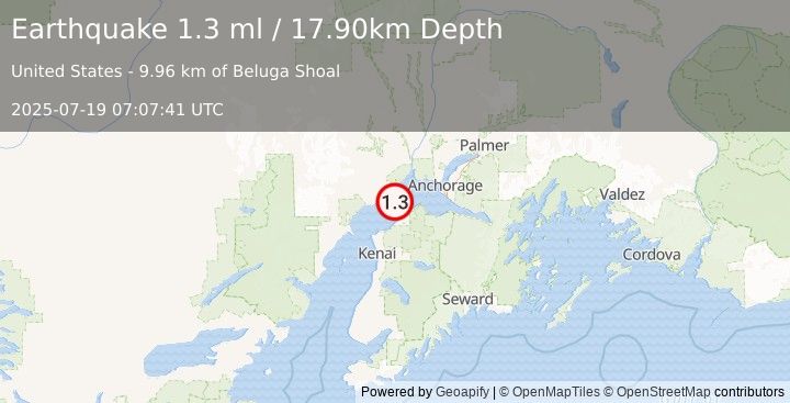 Earthquake 12 km E of Tyonek, Alaska (1.3 ml) (2025-07-19 07:07:41 UTC)