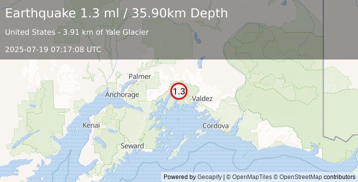 Earthquake 58 km WNW of Valdez, Alaska (1.3 ml) (2025-07-19 07:17:08 UTC)