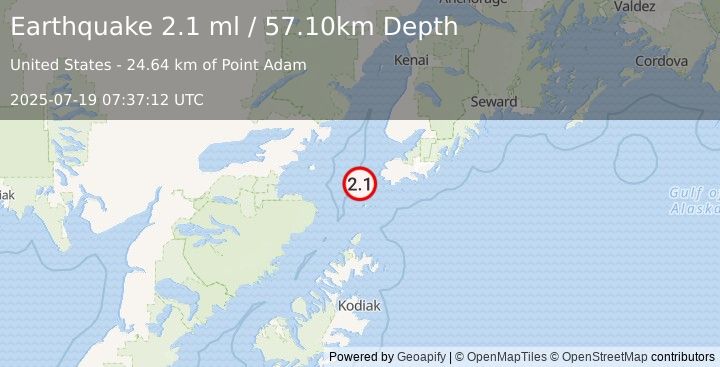 Earthquake 32 km SW of Nanwalek, Alaska (2.1 ml) (2025-07-19 07:37:12 UTC)