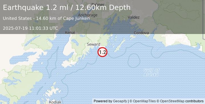 Earthquake 49 km SE of Lowell Point, Alaska (1.2 ml) (2025-07-19 11:01:33 UTC)