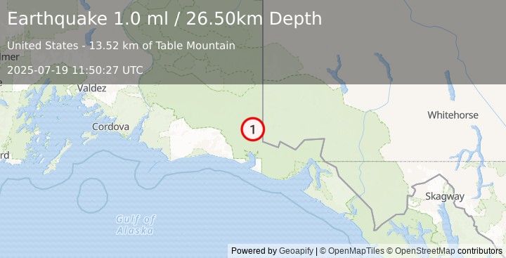 Earthquake 135 km SE of McCarthy, Alaska (1.0 ml) (2025-07-19 11:50:27 UTC)