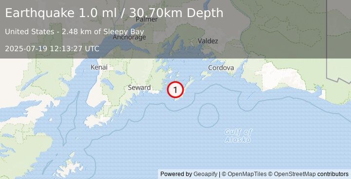 Earthquake 11 km E of Chenega, Alaska (1.0 ml) (2025-07-19 12:13:27 UTC)