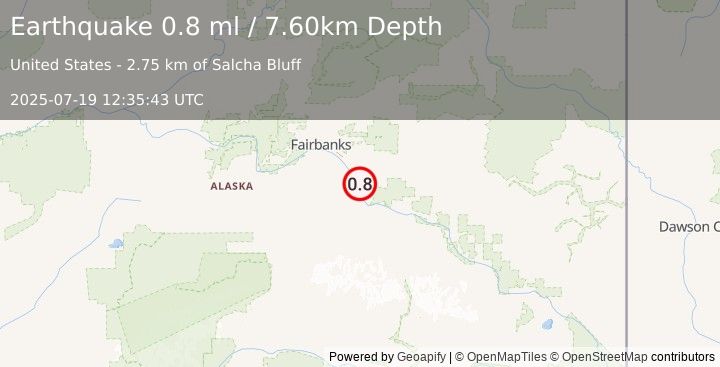 Earthquake 6 km SSE of Salcha, Alaska (0.8 ml) (2025-07-19 12:35:43 UTC)