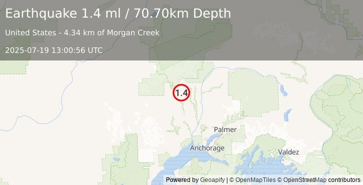 Earthquake 20 km SW of Petersville, Alaska (1.4 ml) (2025-07-19 13:00:56 UTC)