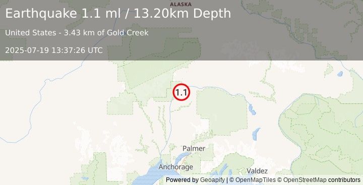 Earthquake 39 km NE of Chase, Alaska (1.1 ml) (2025-07-19 13:37:26 UTC)
