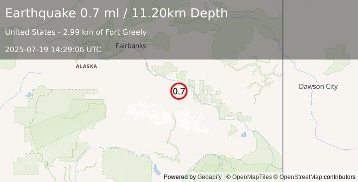 Earthquake 2 km NNW of Fort Greely, Alaska (0.7 ml) (2025-07-19 14:29:06 UTC)
