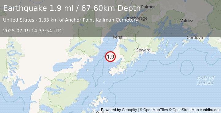 Earthquake 9 km SSW of Happy Valley, Alaska (1.9 ml) (2025-07-19 14:37:54 UTC)